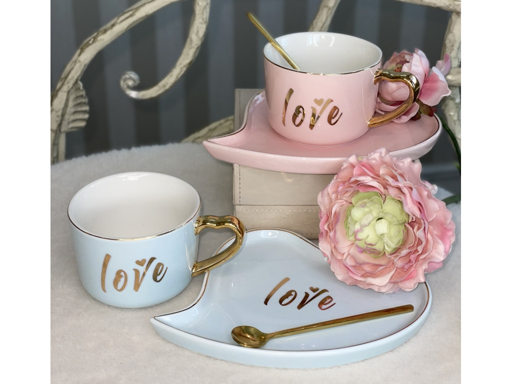 💙Креативна керамічна чашка з блюдцем і ложкою "Love" 250 мл, фото 1