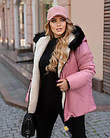 Зимова стильна тепла батальна жіноча куртка на овчині з хутром на капюшоном (р.54-56). Арт-1951/н