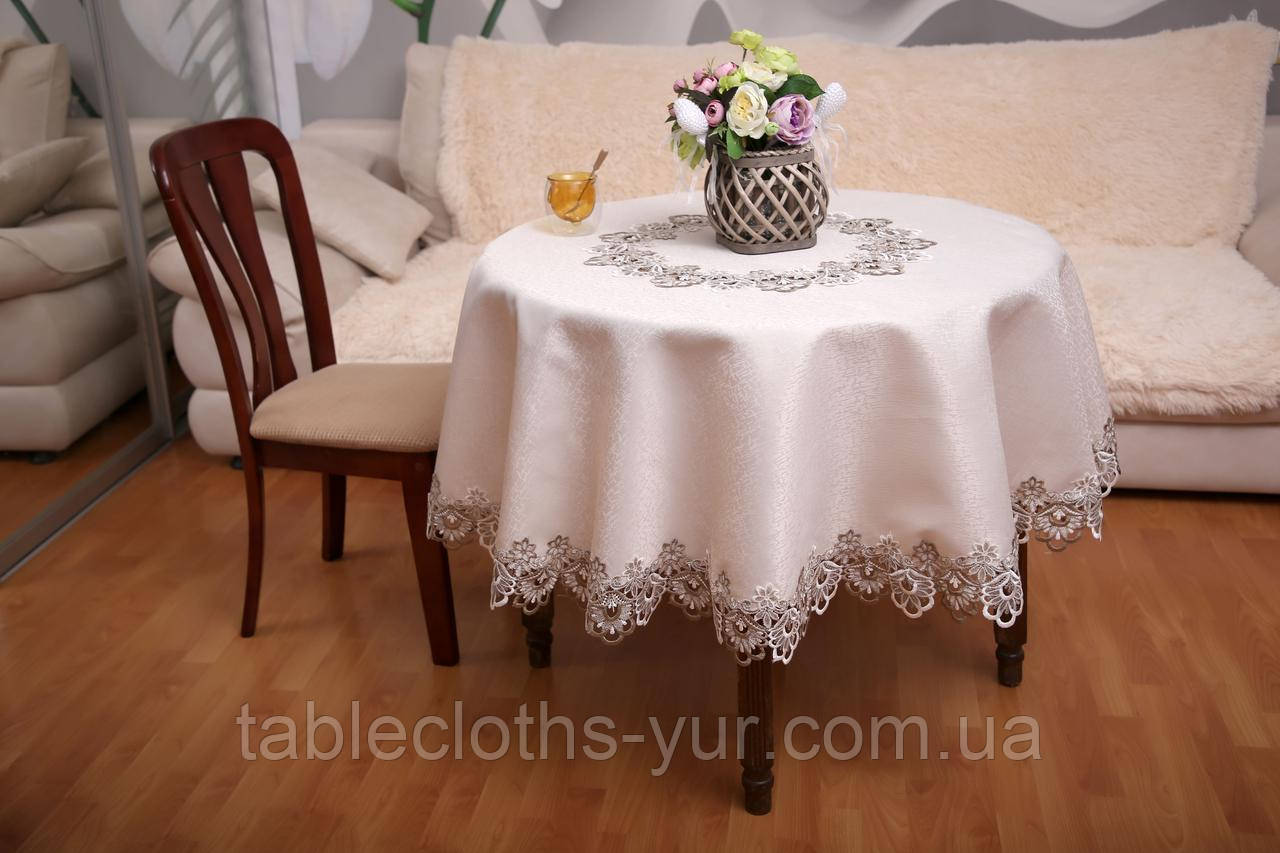 Скатертина на круглий стіл Атласна з мереживом 180 - 180 Бежева з коричневим "Естетика" Кругла