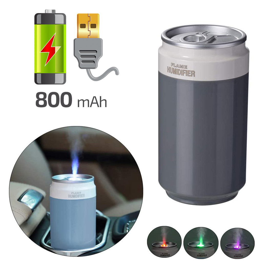 Портативний зволожувач повітря FLAME Humidifier з акумулятором USB і підсвічуванням, у вигляді банки, сірий, 200 мл