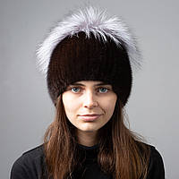 Норковая шапка женская меховая на вязаной основе "Шарик с разрезом и большим бубоном из чернобурки" Махагон