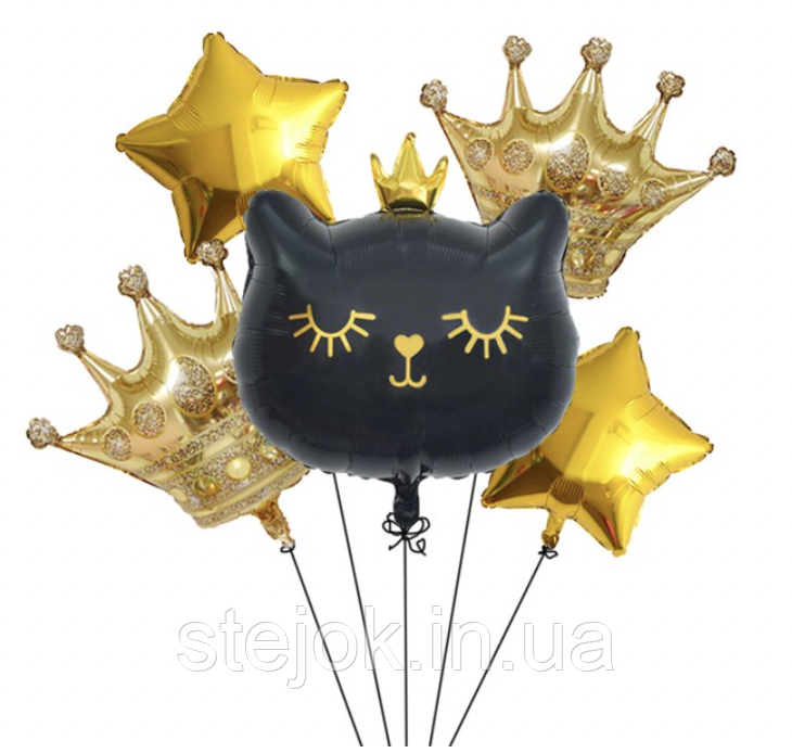 Набір куль у стилі Кішечка, meow party чорна з коронами, фото 1