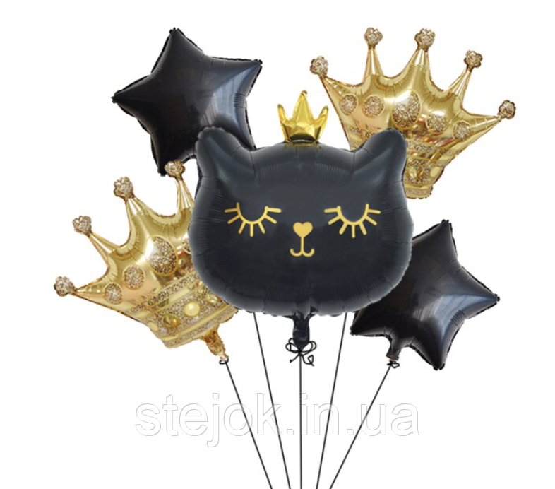 Набір куль у стилі Кішечка, meow party чорна з коронами, фото 1