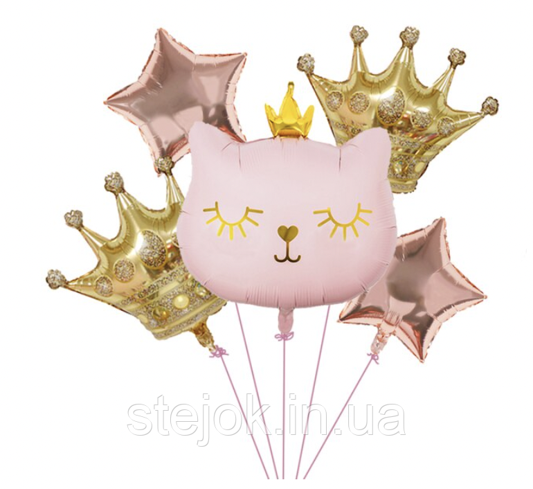 Набір куль у стилі Кішечка, meow party рожева з коронами, фото 1