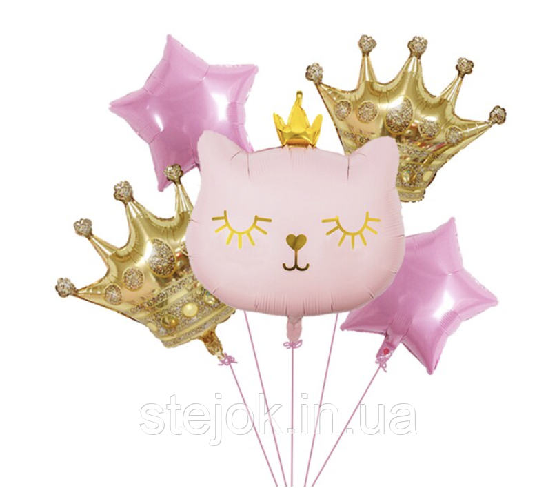 Набір куль у стилі Кішечка, meow party рожева з коронами, фото 1