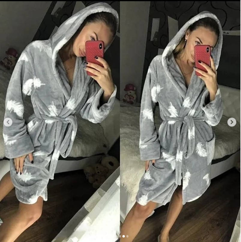 Жіночий теплий короткий плюшевий домашній халат із пір'ям, фото 1