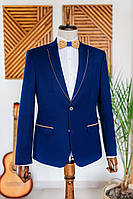 Мужской шерстяной синий классический пиджак однотонный полуприталенный