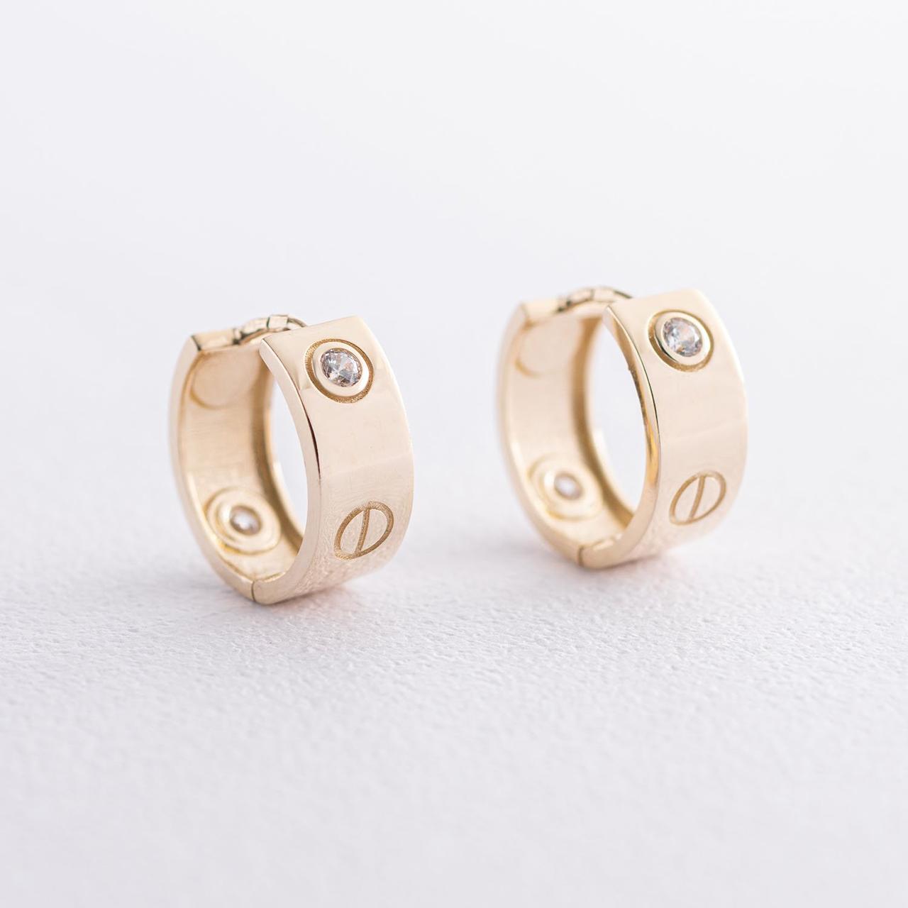 Сережки — кільця "Love" у жовтому золоті (фіаніти) 
с07214 Zipexpert ZIPEXPERT