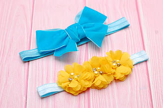 Пов'язка дитяча набір 2 штуки для дівчинки на стрейчевій основі жовто-блакитна 574 No1