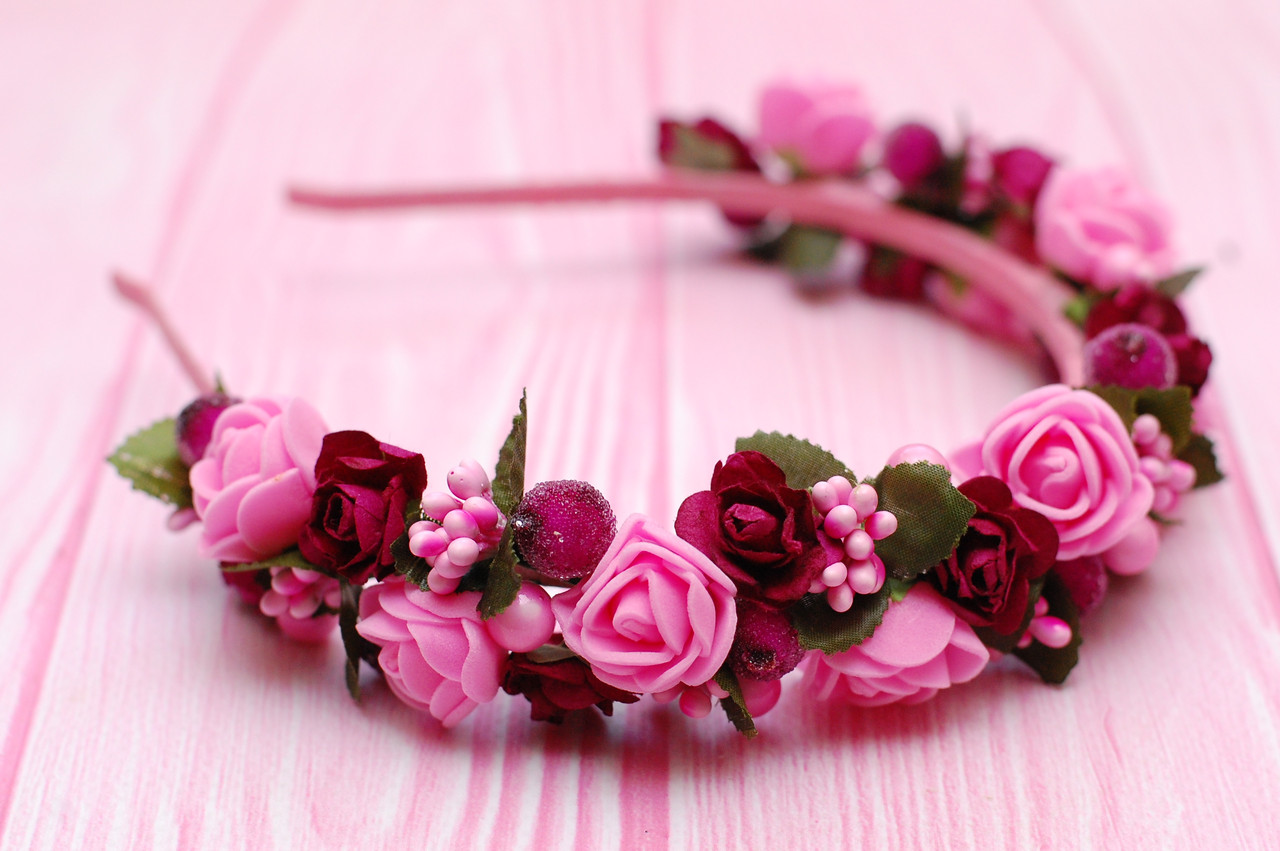 Обруч на голову / ободок для волосся з квітами рожево-пурпурний 647, фото 1