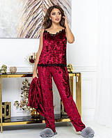 Бордовая молодёжная пижама 3-ка из мраморного бархата с 44 по 50 размер