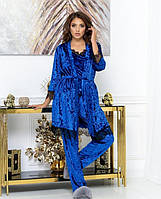 Синяя молодёжная пижама 3-ка из мраморного бархата с 44 по 50 размер