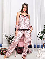 Розовая молодёжная пижама 3-ка из мраморного бархата с 44 по 50 размер