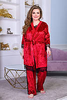 Красная молодёжная пижама 3-ка из мраморного бархата батал с 52 по 56 размер