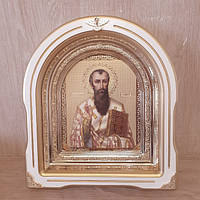 Ікона Василь Великий святитель, лик 15х18 см, у білому дерев'яному кіоті зі вставками, арка
