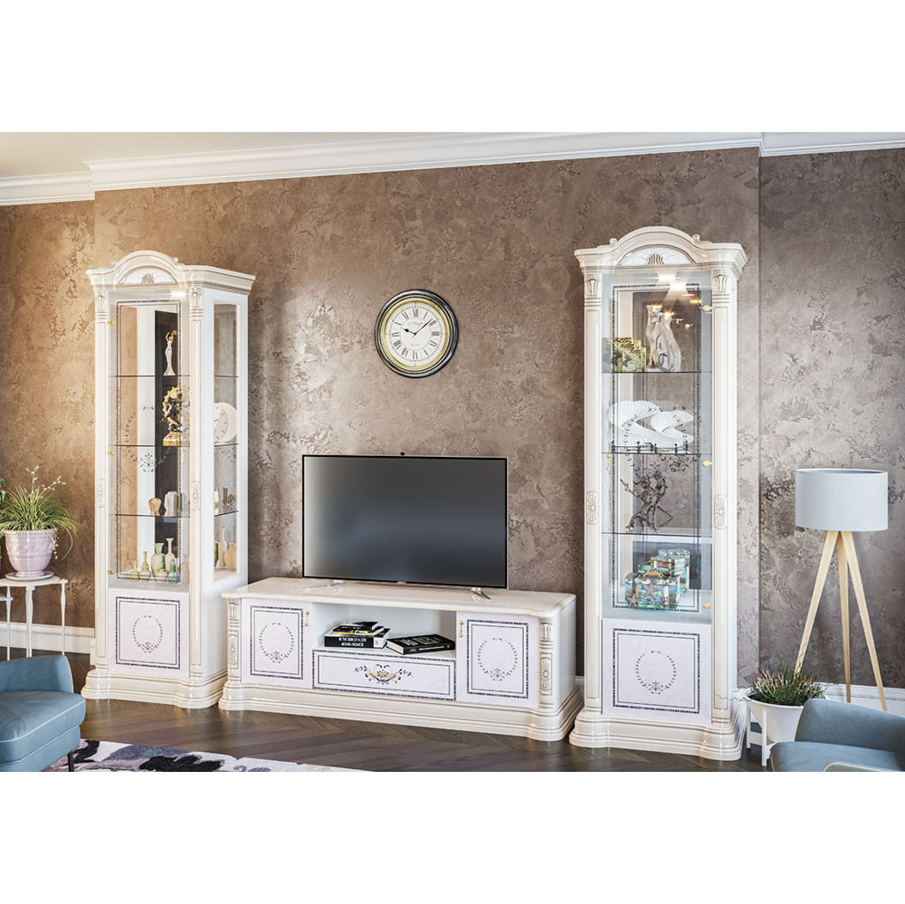 Світла стінка Вівальді 311 см піно зі скляними вітринами та підсвічуванням у класичному стилі, фото 1