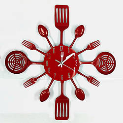 Настінний годинник на кухню Ложки-вилки "Fork" — вражальна прикраса для кафе та кухні (Метал, 40 х 40 см) Червоний