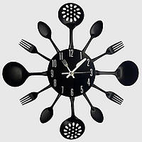 Настінний годинник на кухню Ложки-вилки "Strainer" вражальна прикраса для кафе та кухні (Метал, 35 х 35 см) Чорний