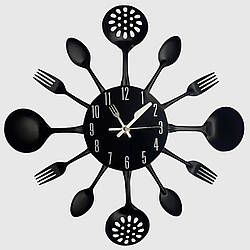 Настінний годинник на кухню Ложки-вилки "Strainer" — вражальна прикраса для кафе та кухні (Метал, 35 х 35 см) Чорний