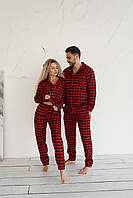 Парные пижамы фланелевые теплые комплект рубашка и штаны клетчатая красные (Bon)