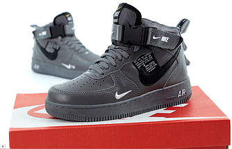 Зимові кросівки Nike Air Force Winter Black high Взуття Найк Аір Форс сірі шкіряні з хутром високі чоловічі  жіночі підліткові