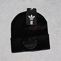 Мужская зимняя шапка Adidas черная с отворотом принт вышивка Адидас (Bon)