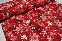 Новогодняя ткань, хлопок с тефлоном, для штор, скатертей, салфеток, Турция, Хоровод снежинок красный