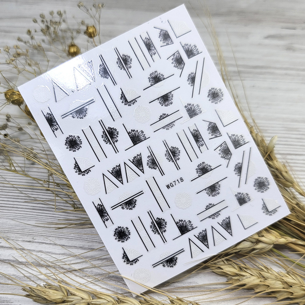 Наклейки чорні з білим для нігтів (квіти геометрія) Nail stiker WG718