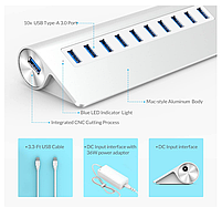 USB-хаб Orico M3H10 USB 3.0 10 портів із блоком живлення hub концентратор алюмінієвий, фото 6