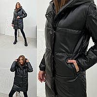 Зимняя курточка с капюшоном эко-кожа+силикон 250 Цвета чёрный, серый, кофейный бежевый Размеры 42 44 46