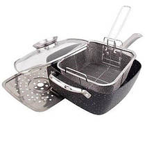 Сковорода-сотейник-фритюрниця з антипригарним мармуровим покриттям і з кришкою 24 см