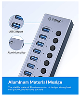 USB-хаб Orico BT2U3-7AB USB 3.0 7 портів алюмінієвий з блоком живлення hub концентратор, фото 4