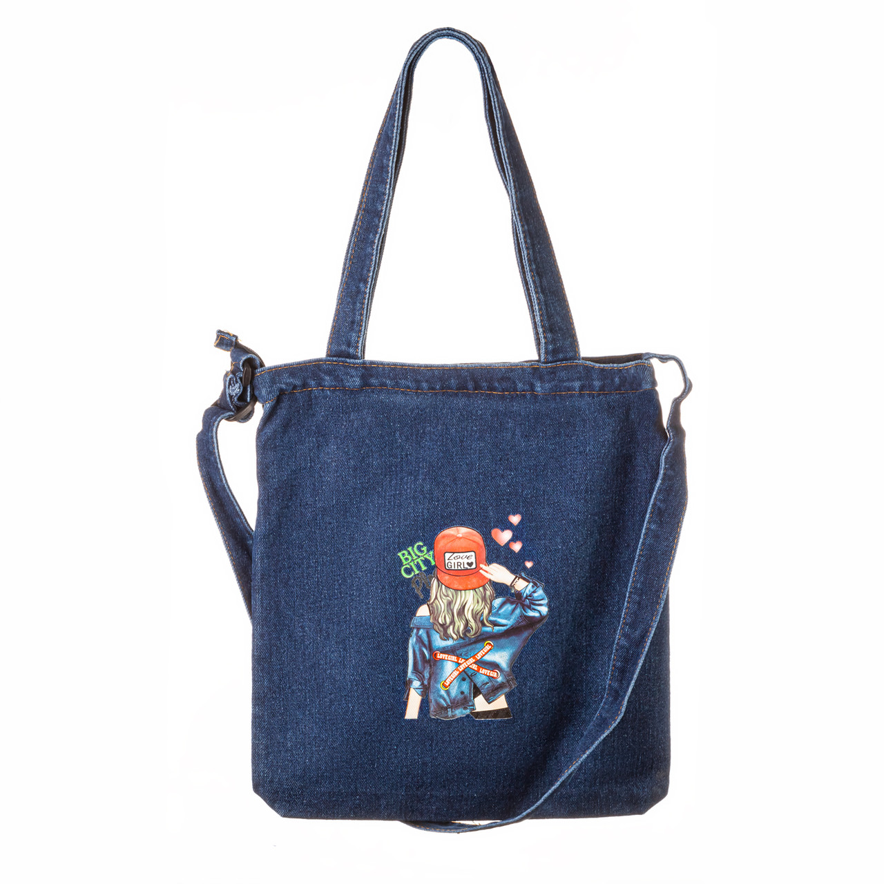 Жіноча джинсова сумка шопер 8383-2 темно-синя — безліч принтів, фото 1