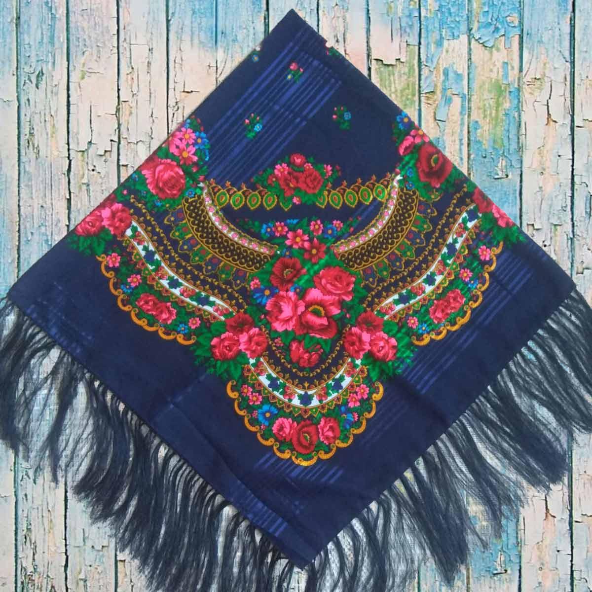 Українська хустка синя зі смужкою (120*120)