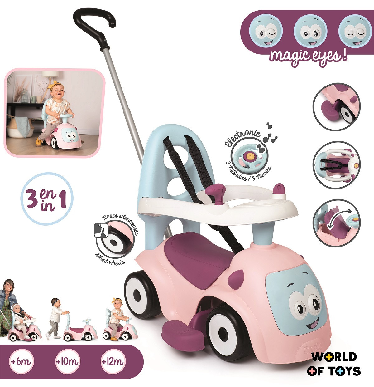 Машина для катання малюка Smoby Toys Маестро 3 в 1 зі звуковими ефектами рожева (720305)
