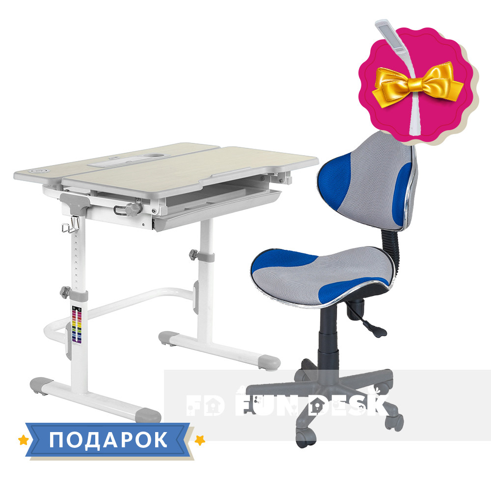 Комплект парта для дому FunDesk Lavoro L Grey + дитяче крісло FunDesk LST3 Blue-Grey