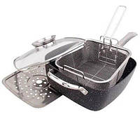 Сковорода-сотейник-фритюрница с антипригарным мраморным покрытием и с крышкой 24 см