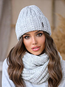 В'язаний зимовий комплект Simona, шапка + снуд, світло-сірий