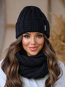 В'язаний зимовий теплий комплект Simona, шапка + снуд/хомут, чорний