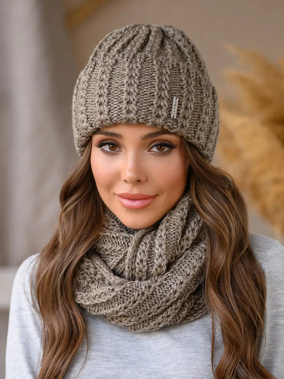 В'язаний зимовий теплий комплект Simona, шапка + снуд/хомут, мокко, фото 1