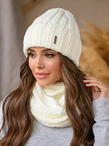 В'язаний зимовий теплий комплект Simona, шапка + снуд/хомут, молочно-білий
