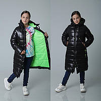 Зимнее пальто на девочку длинное теплое пуховик зимняя куртка черная с салатовым 140-158р