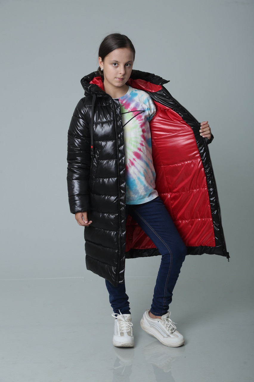 Зимове пальто на дівчинку довге тепле пуховик зимова куртка чорна з червоним 140-158р