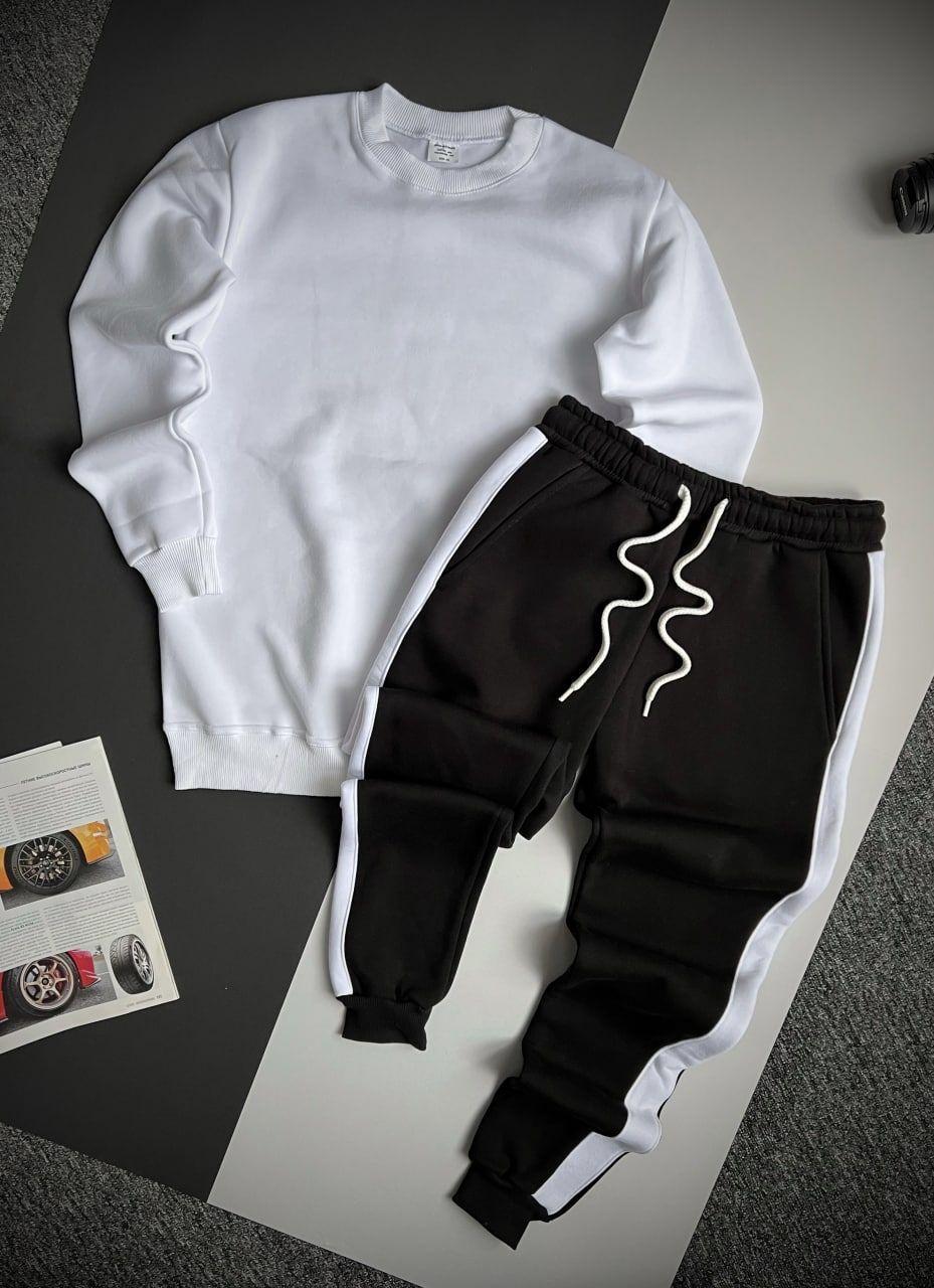 Чоловічий зимовий спортивний костюм білий із чорним із лампасами ⁇ Утеплений комплект світшот та штани, фото 1