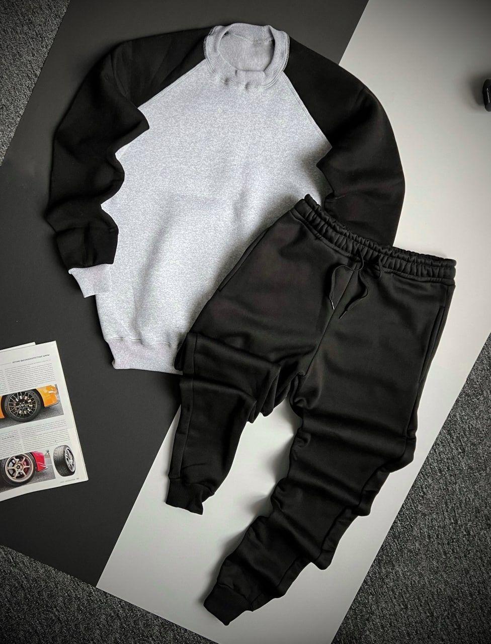 Чоловічий зимовий спортивний костюм чорний із сірим ⁇ Утеплений комплект світшот та штани, фото 1