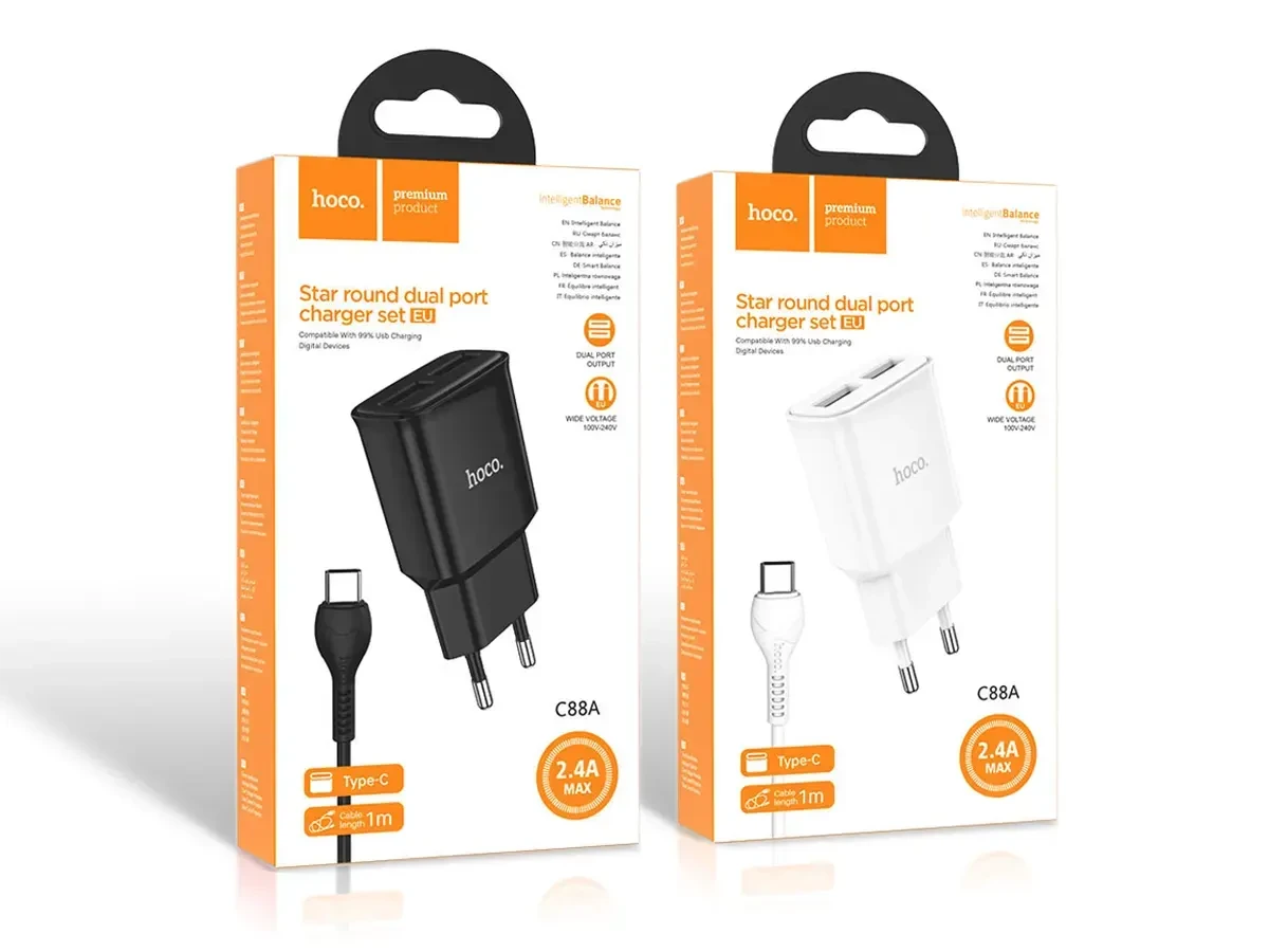 Зарядний пристрій 220В 2,4А 10,5Вт 5В USBx2 з кабелем USB - Type C Hoco C88A Star Round 120шт 8130, фото 1