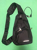 Мужская сумка тактическая через плечо черная - размер сумки 30*20см, 4 кармана, с USB шнуром в комплекте