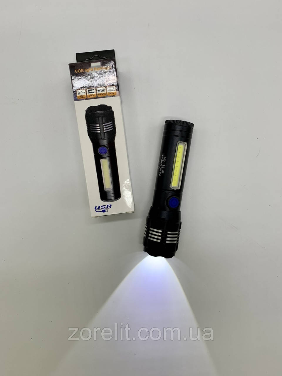 Ліхтарик металевий ZOOM,USB, COB 981