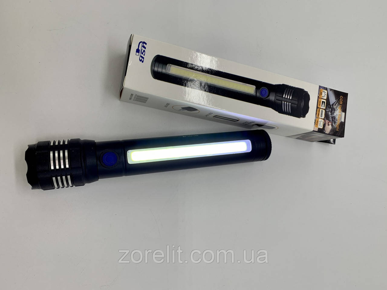 Ліхтарик металевий ZOOM,USB, COB 983