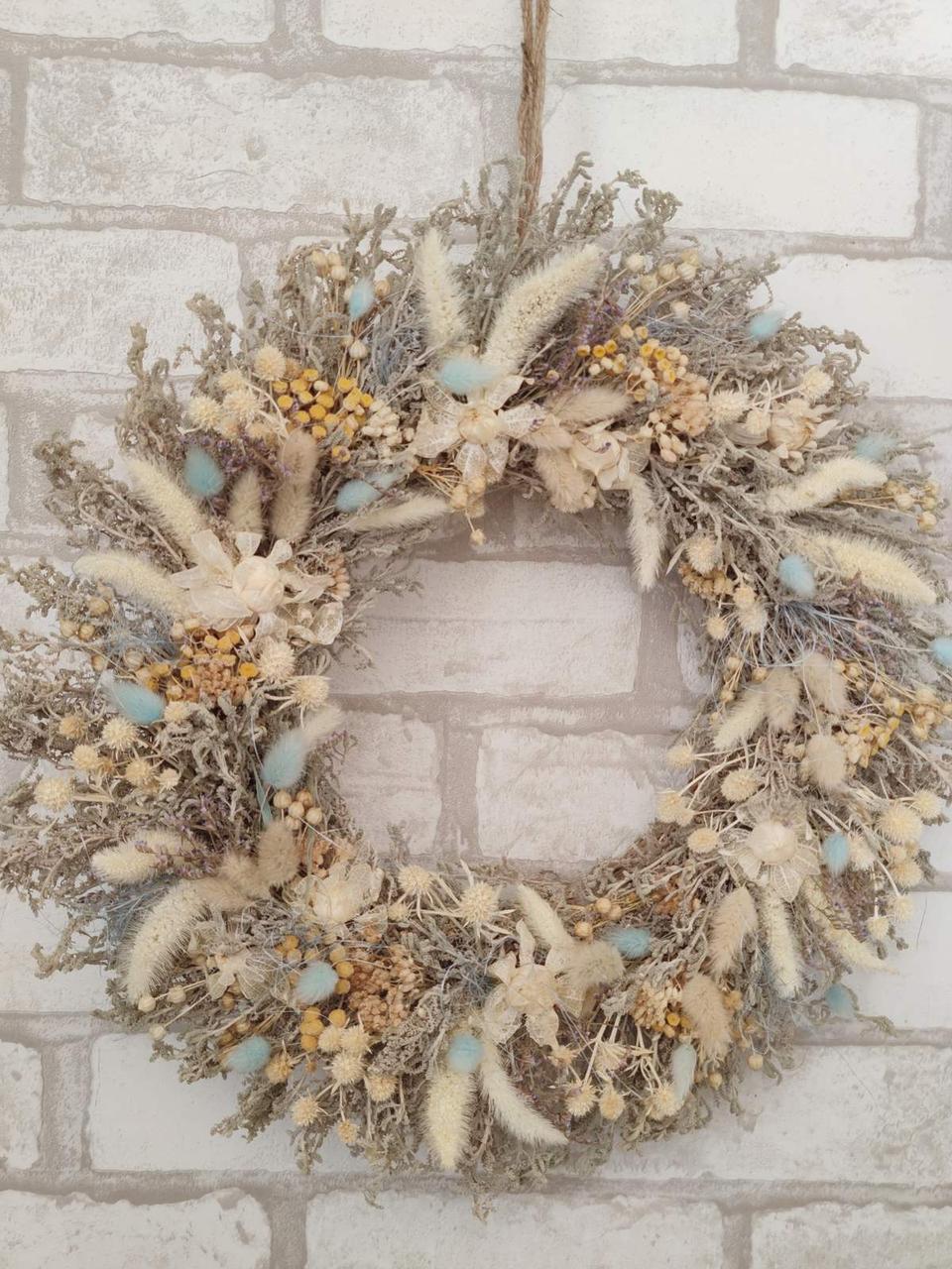 Ексклюзівний вінок з натуральних сухоцвітів, вінок оберіг на двері, . Д 35 см, фото 1